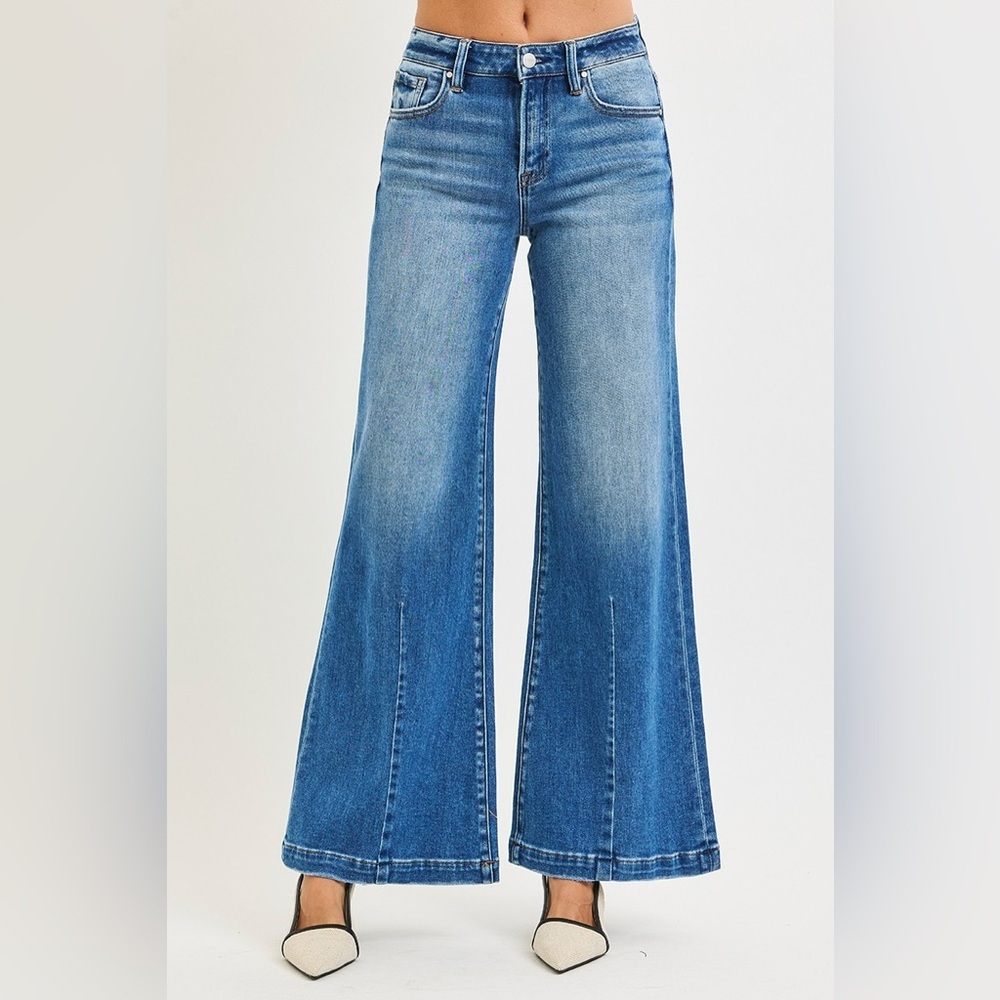 RISEN Mid Rise Wide Leg Jeans with Flared Look​